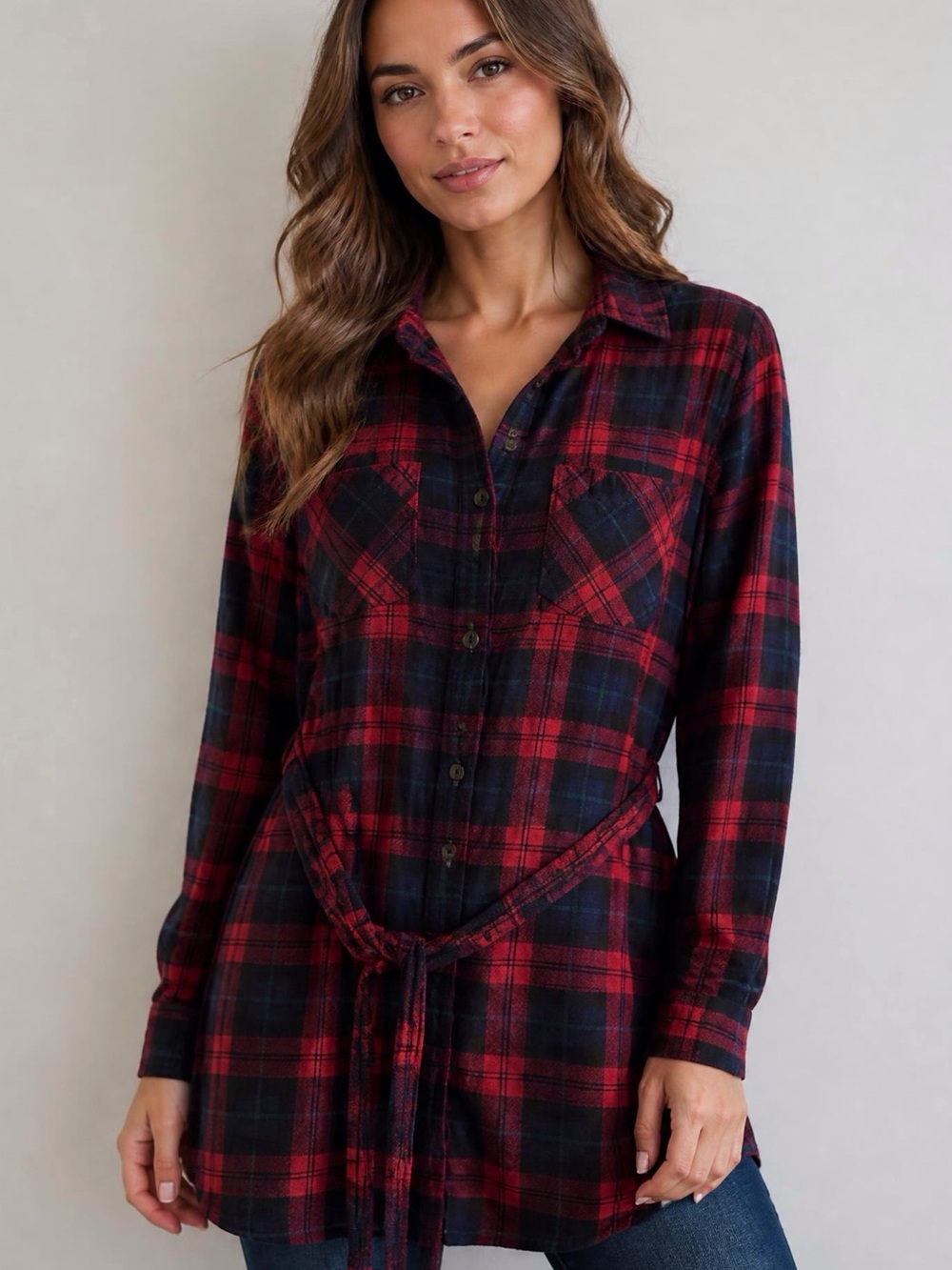 Uniqlo Red and Navy Plaid Long Sleeve Shirt Dress